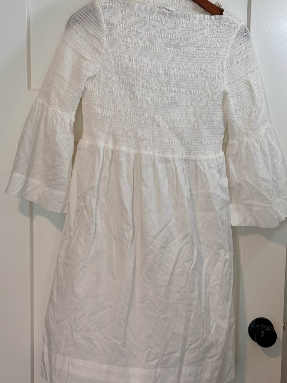 Calvin Klein White Long-Sleeve Smocked Bodice Dress